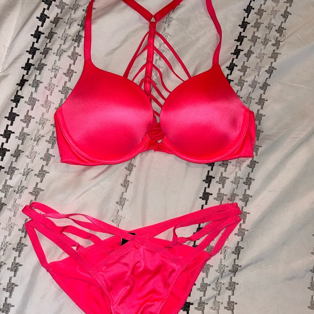 Victoria’s Secret Neon Pink Strappy Lingerie Set